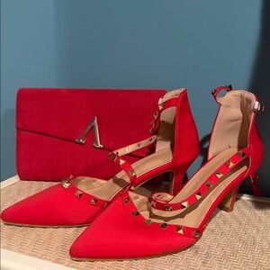 Elegant Red Studded Heels with Clutch
